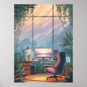 Cozy Relaxing Gaming Setup Sunset Artwork Nature Poster
