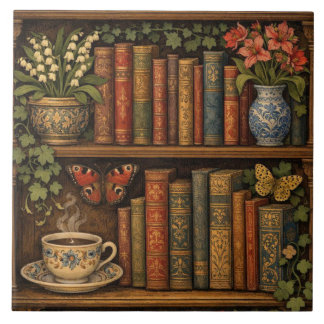 Cozy retro book shelf botanical coffee tea lover ceramic tile