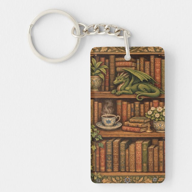 Cozy retro book shelf dragon coffee tea lover keychain (Front)