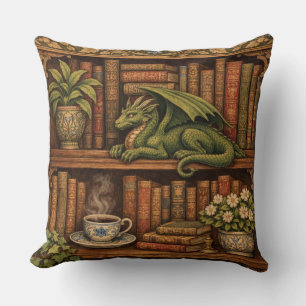 Cozy retro book shelf dragon coffee tea lover throw pillow