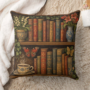 Cozy retro book shelf throw pillow
