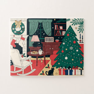Cozy Retro Christmas Living Room with Tree and Cat Jigsaw Puzzle