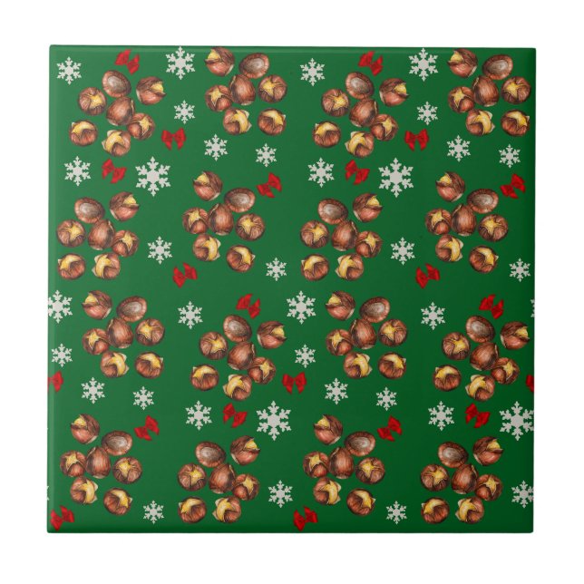 Cozy Roasted Chestnuts  And Snowflakes Winter Ceramic Tile (Front)