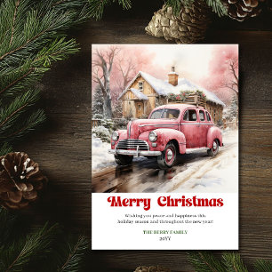 Cozy rustic Christmas scene pink car watercolor Holiday Card