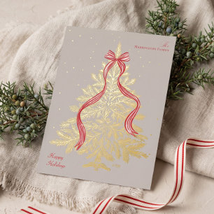 Cozy Rustic Festive Christmas Tree Stripe Red Bow Foil Holiday Card
