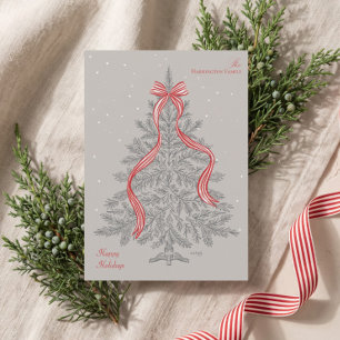 Cozy Rustic Festive Christmas Tree Stripe Red Bow Holiday Card
