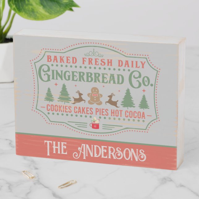 Cozy Rustic Gingerbread Family Name Wooden Box Sign (In Situ Horizontal)