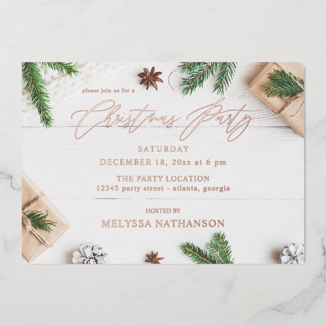 Cozy Rustic Pine Leaves Christmas Party Foil Invitation (Front)