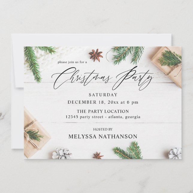 Cozy Rustic Pine Leaves Christmas Party Invitation (Front)