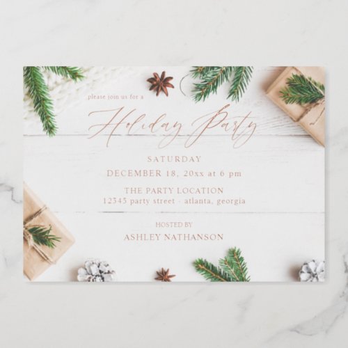 Cozy Rustic Pine Leaves Holiday Party Foil Invitation
