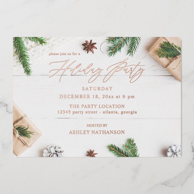 Cozy Rustic Pine Leaves Holiday Party Foil Invitation (Front)