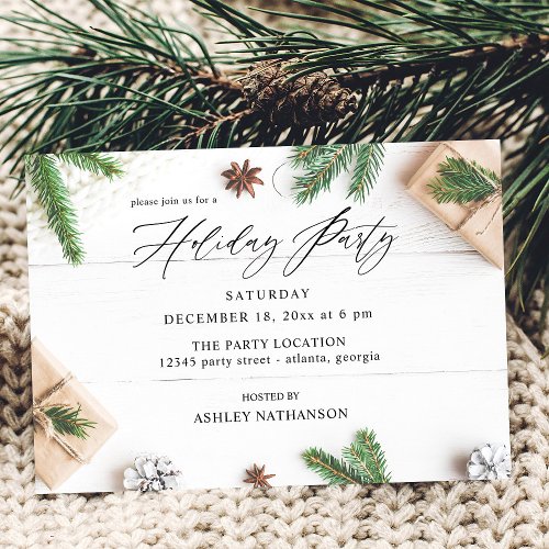 Cozy Rustic Pine Leaves Holiday Party Invitation
