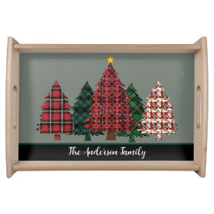 Cozy Rustic Plaid Christmas Tree Family Name Serving Tray