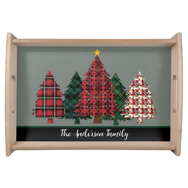 Cozy Rustic Plaid Christmas Tree Family Name Serving Tray (Front)
