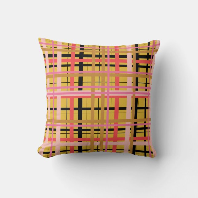 Cozy Rustic Retro Yellow Plaid Geometric Stripes Throw Pillow (Front)