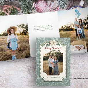 Cozy Rustic Sage Christmas Botanical Photo Tri-Fold Holiday Card