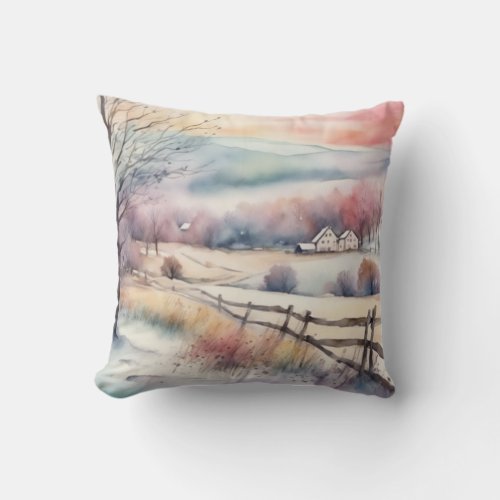 Cozy Rustic Village Landscape Pastel Watercolor Throw Pillow