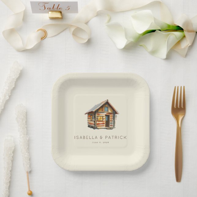 Cozy Rustic Watercolor Cabin Paper Plates (Wedding)