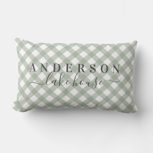 Cozy sage gingham plaid pillow family last name (Front)