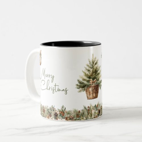 Cozy sage green and ivory holly and Christmas tree Two_Tone Coffee Mug