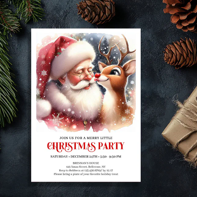 Santa Comic Invitations Cozy Santa and Rudolph Holiday Magic Family Party Invitation | Zazzle