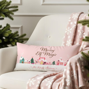Cozy Santa North Pole Pink Elf Workshop Village Lumbar Pillow