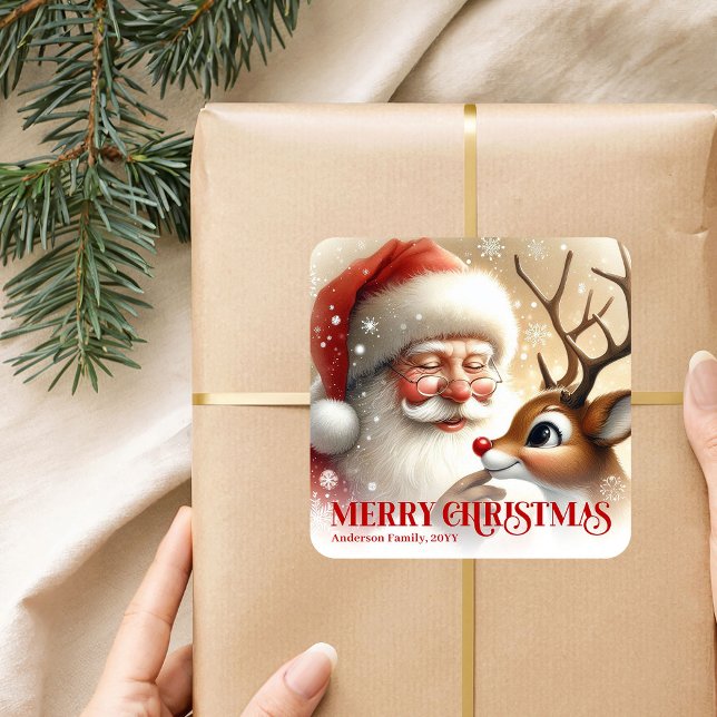 Cozy Santa Rudolph Personalized Christmas Kids Gif Square Sticker (Cozy Santa Rudolph Personalized Christmas Kids Gift Sticker

)