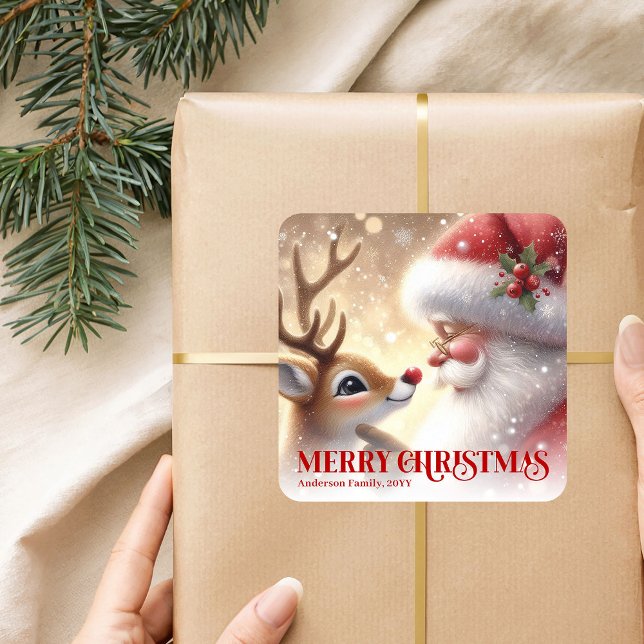 Cozy Santa Rudolph Personalized Christmas Kids  Square Sticker (Cozy Santa Rudolph Personalized Christmas Kids Holiday Sticker

)
