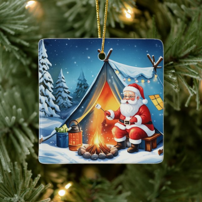 Cozy Santa Winter Camping Adventure Ceramic Ornament (Tree)