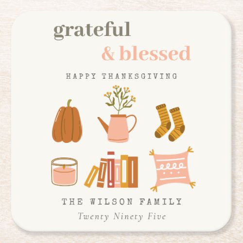 Cozy Scandi Autumn Essential Blush Thanksgiving Square Paper Coaster