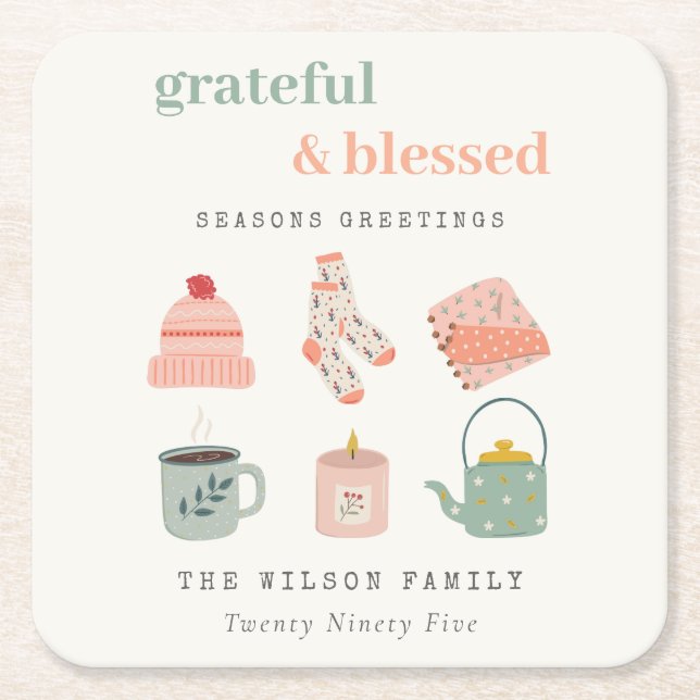 Cozy Scandi Winter Essential Seasons Greetings Square Paper Coaster (Front)