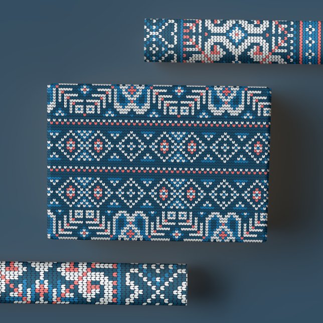 Cozy Scandinavian Blue & Peach Winter Sweater Wrapping Paper Sheets (Creator Uploaded)