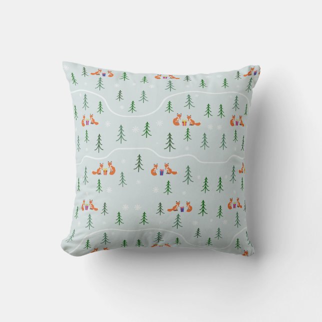 Cozy Scandinavian Christmas Forest Foxes Throw Pillow (Front)