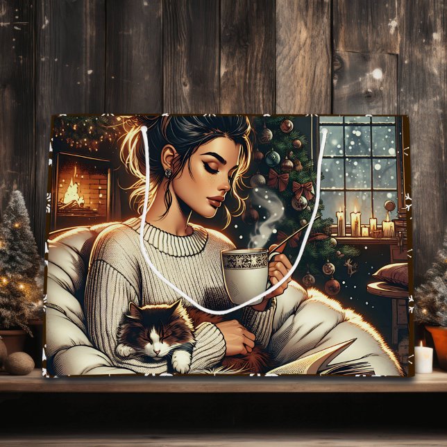 Cozy Scene | Woman Drinking Cocoa Christmas Large Gift Bag (Creator Uploaded)