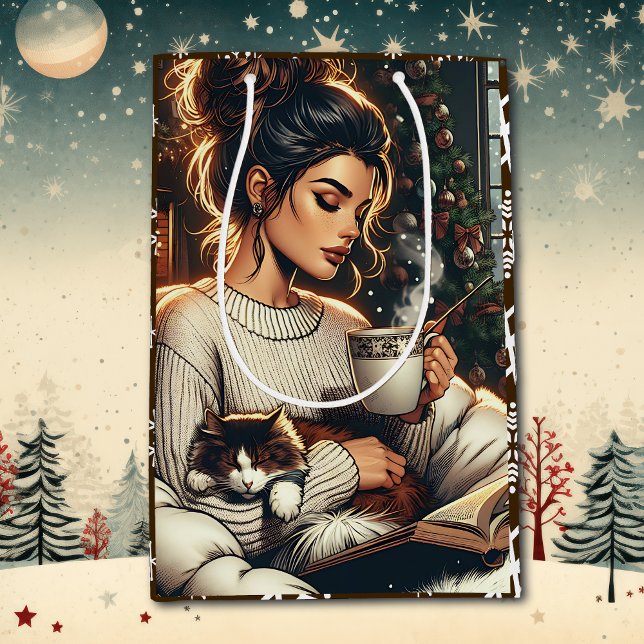Cozy Scene | Woman Drinking Cocoa Christmas Medium Gift Bag (Creator Uploaded)