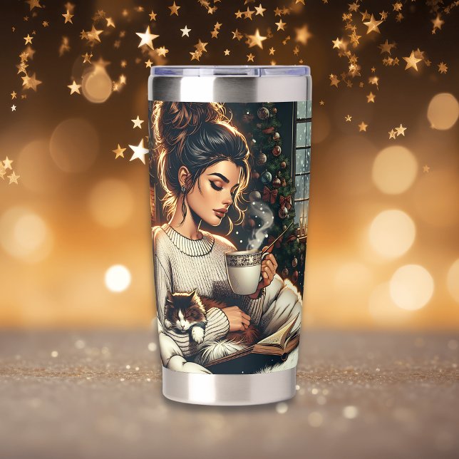 Cozy Scene | Woman Drinking Cocoa with Cat Insulated Tumbler (Creator Uploaded)