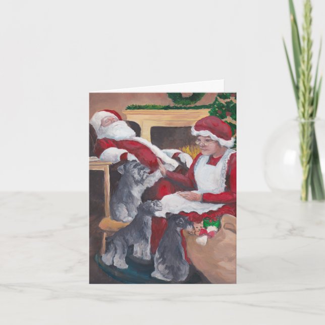 Cozy Schnauzer Christmas Dog Art Greeting Card (Front)