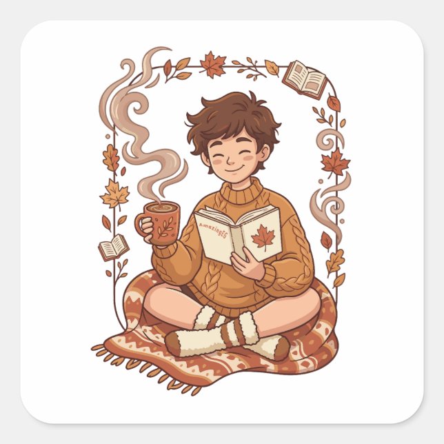 Cozy Season Autumn Reader Book Lover Cute Fall Square Sticker (Front)