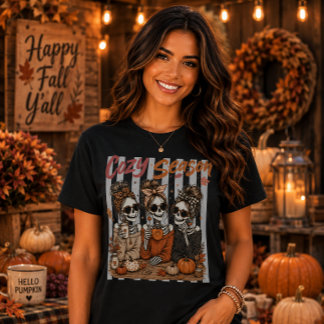 Cozy Season Cute Skeletons Pumpkin Iced Latte T-Shirt