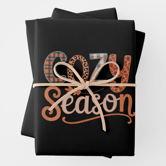 Cozy Season Retro Fall Get Cozy Thanksgiving Wrapping Paper Sheets (In situ)