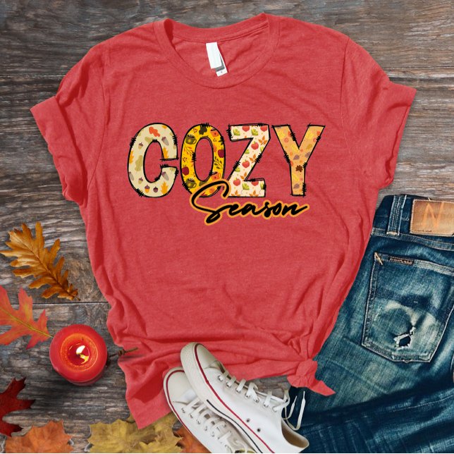 Cozy season t-shirt  (Cozy season doodle letters t-shirt design with floral autumn patterns)