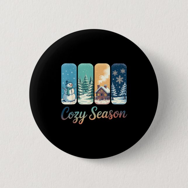 Cozy Season Winter Wonderland Cabin Snowman Snowfl Button (Front)