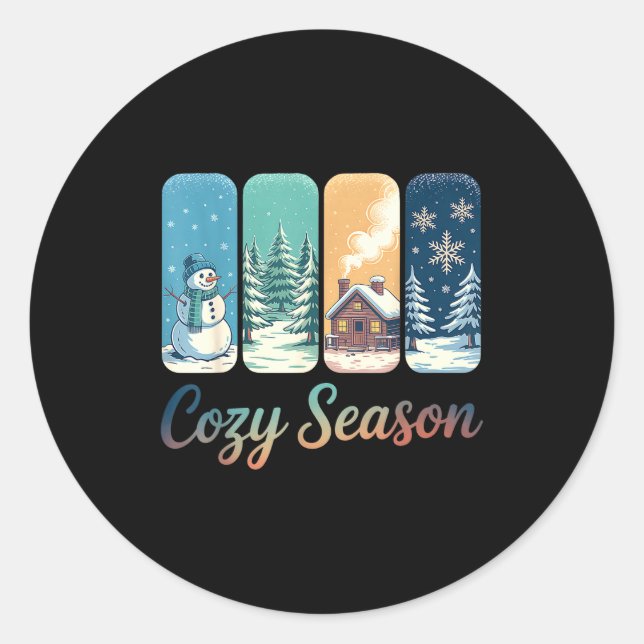 Cozy Season Winter Wonderland Cabin Snowman Snowfl Classic Round Sticker (Front)
