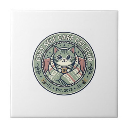 Cozy Self Care Cat Cat Graphic Tee Art - Cozy Self Ceramic Tile