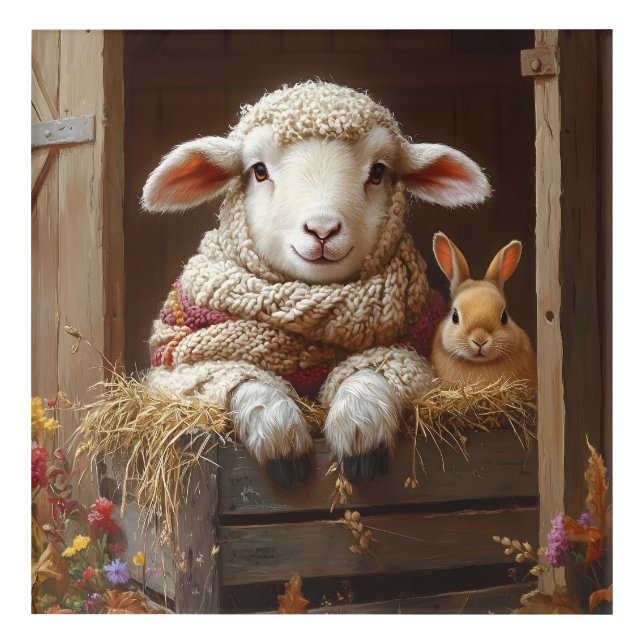 Cozy Sheep and Rabbit in Barn with Flowers Acrylic Print (Front)