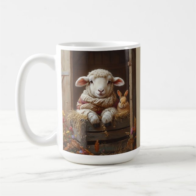 Cozy Sheep and Rabbit in Barn with Flowers Coffee Mug (Left)