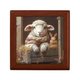 Cozy Sheep and Rabbit in Barn with Flowers Gift Box