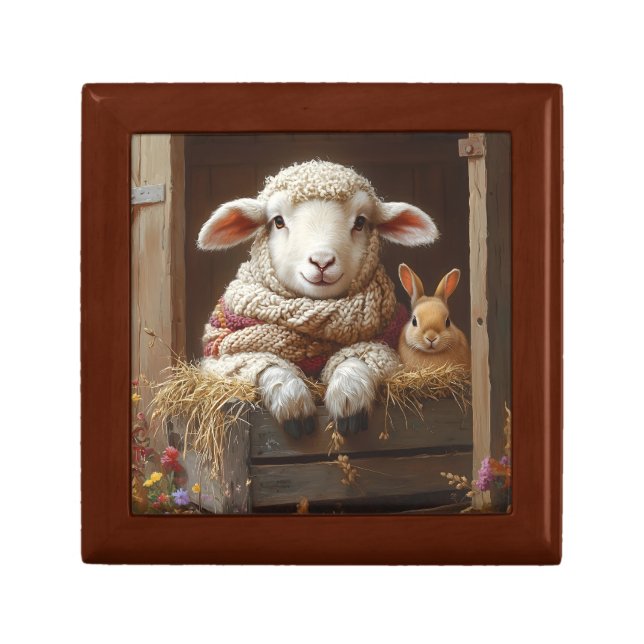 Cozy Sheep and Rabbit in Barn with Flowers Gift Box (Front)