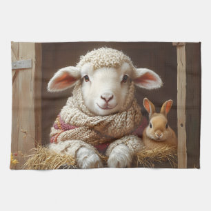 Cozy Sheep and Rabbit in Barn with Flowers Kitchen Towel