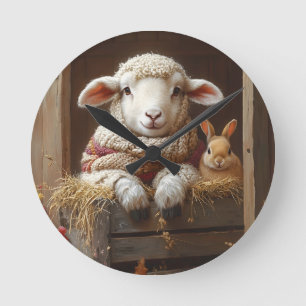 Cozy Sheep and Rabbit in Barn with Flowers Round Clock